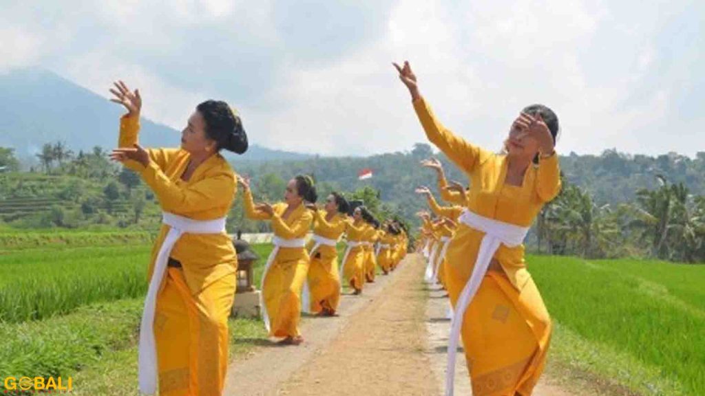 Pertunjukan tari tradisional di tengah sawah terasering Jatiluwih