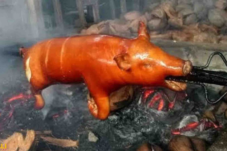 Babi guling olahan khas Bali dengan kulit renyah dan bumbu genep